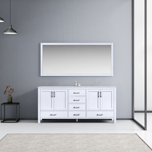 Lexora Jacques LJ342272DADS000 72" Double Bathroom Vanity in White with White Carrara Marble, White Rectangle Sinks, Rendered with Mirror