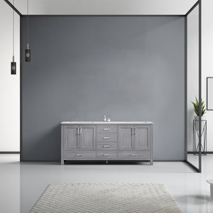 Lexora Jacques LJ342272DDDS000 72" Double Bathroom Vanity in Distressed Grey with White Carrara Marble, White Rectangle Sinks, Rendered Front View