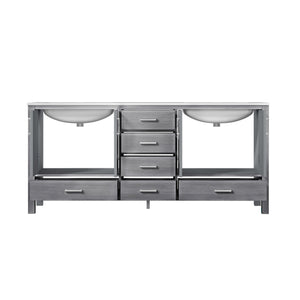 Lexora Jacques LJ342272DDDS000 72" Double Bathroom Vanity in Distressed Grey with White Carrara Marble, White Rectangle Sinks, Open Doors