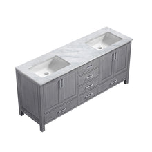 Load image into Gallery viewer, Lexora Jacques LJ342272DDDS000 72&quot; Double Bathroom Vanity in Distressed Grey with White Carrara Marble, White Rectangle Sinks, Countertop