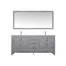 Load image into Gallery viewer, Lexora Jacques LJ342272DDDS000 72&quot; Double Bathroom Vanity in Distressed Grey with White Carrara Marble, White Rectangle Sinks, with Mirror and Faucets