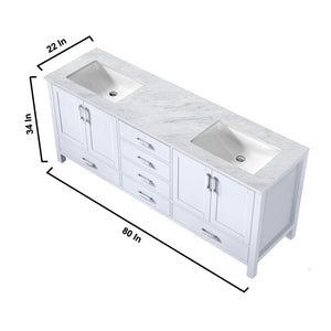Lexora Jacques LJ342280DADS000 80" Double Bathroom Vanity in White with White Carrara Marble, White Rectangle Sinks, Vanity Dimensions