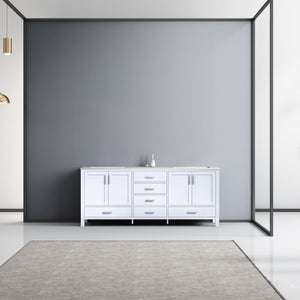 Lexora Jacques LJ342280DADS000 80" Double Bathroom Vanity in White with White Carrara Marble, White Rectangle Sinks, Rendered Front View