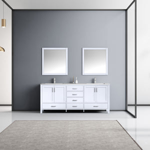 Lexora Jacques LJ342280DADS000 80" Double Bathroom Vanity in White with White Carrara Marble, White Rectangle Sinks, Rendered with Mirrors and Faucets