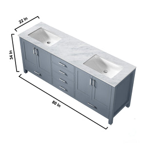 Lexora Jacques LJ342280DBDS000 80" Double Bathroom Vanity in Dark Grey with White Carrara Marble, White Rectangle Sinks, Vanity Dimensions
