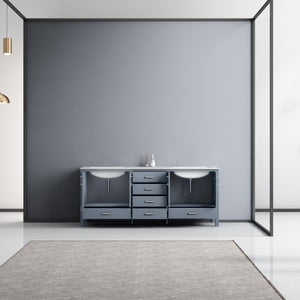 Lexora Jacques LJ342280DBDS000 80" Double Bathroom Vanity in Dark Grey with White Carrara Marble, White Rectangle Sinks, Rendered Open Doors