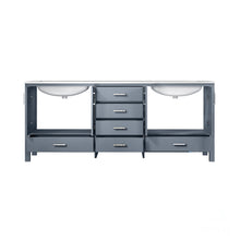 Load image into Gallery viewer, Lexora Jacques LJ342280DBDS000 80&quot; Double Bathroom Vanity in Dark Grey with White Carrara Marble, White Rectangle Sinks, Open Doors