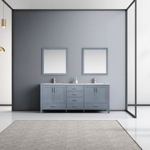 Lexora Jacques LJ342280DBDS000 80" Double Bathroom Vanity in Dark Grey with White Carrara Marble, White Rectangle Sinks, Rendered with Mirrors and Faucets