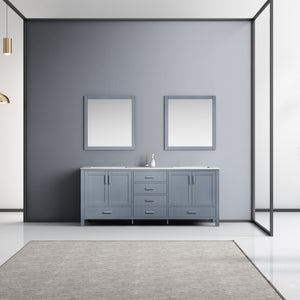 Lexora Jacques LJ342280DBDS000 80" Double Bathroom Vanity in Dark Grey with White Carrara Marble, White Rectangle Sinks, Rendered with Mirrors