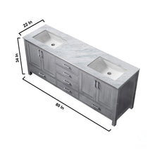 Load image into Gallery viewer, Lexora Jacques LJ342280DDDS000 80&quot; Double Bathroom Vanity in Distressed Grey with White Carrara Marble, White Rectangle Sinks, Vanity Dimensions