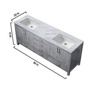 Lexora Jacques LJ342280DDDS000 80" Double Bathroom Vanity in Distressed Grey with White Carrara Marble, White Rectangle Sinks, Vanity Dimensions