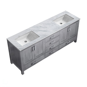 Lexora Jacques LJ342280DDDS000 80" Double Bathroom Vanity in Distressed Grey with White Carrara Marble, White Rectangle Sinks, Countertop