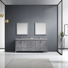 Load image into Gallery viewer, Lexora Jacques LJ342280DDDS000 80&quot; Double Bathroom Vanity in Distressed Grey with White Carrara Marble, White Rectangle Sinks, Rendered with Mirrors and Faucets