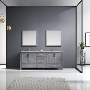 Lexora Jacques LJ342280DDDS000 80" Double Bathroom Vanity in Distressed Grey with White Carrara Marble, White Rectangle Sinks, Rendered with Mirrors and Faucets