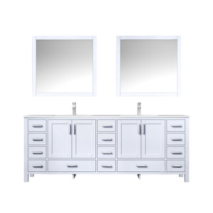 Lexora Jacques LJ342284DADS000 84" Double Bathroom Vanity in White with White Carrara Marble, White Rectangle Sinks, with Mirrors and Faucets