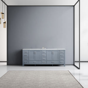 Lexora Jacques LJ342284DBDS000 84" Double Bathroom Vanity in Dark Grey with White Carrara Marble, White Rectangle Sinks, Rendered Front View
