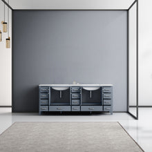 Load image into Gallery viewer, Lexora Jacques LJ342284DBDS000 84&quot; Double Bathroom Vanity in Dark Grey with White Carrara Marble, White Rectangle Sinks, Rendered Open Doors