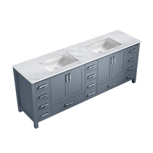 Load image into Gallery viewer, Lexora Jacques LJ342284DBDS000 84&quot; Double Bathroom Vanity in Dark Grey with White Carrara Marble, White Rectangle Sinks, Countertop