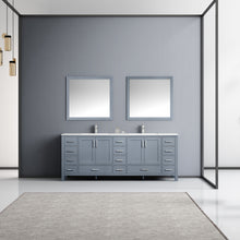 Load image into Gallery viewer, Lexora Jacques LJ342284DBDS000 84&quot; Double Bathroom Vanity in Dark Grey with White Carrara Marble, White Rectangle Sinks, Rendered with Mirrors and Faucets