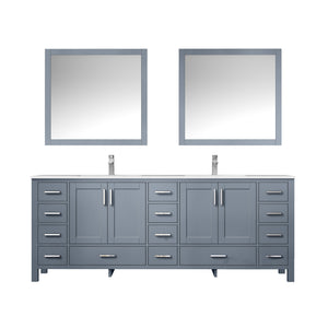 Lexora Jacques LJ342284DBDS000 84" Double Bathroom Vanity in Dark Grey with White Carrara Marble, White Rectangle Sinks, with Mirrors and Faucets
