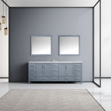 Load image into Gallery viewer, Lexora Jacques LJ342284DBDS000 84&quot; Double Bathroom Vanity in Dark Grey with White Carrara Marble, White Rectangle Sinks, Rendered with Mirrors