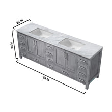 Load image into Gallery viewer, Lexora Jacques LJ342284DDDS000 84&quot; Double Bathroom Vanity in Distressed Grey with White Carrara Marble, White Rectangle Sinks, Vanity Dimensions