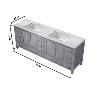 Lexora Jacques LJ342284DDDS000 84" Double Bathroom Vanity in Distressed Grey with White Carrara Marble, White Rectangle Sinks, Vanity Dimensions