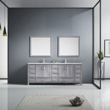 Load image into Gallery viewer, Lexora Jacques LJ342284DDDS000 84&quot; Double Bathroom Vanity in Distressed Grey with White Carrara Marble, White Rectangle Sinks, Rendered with Mirrors and Faucets