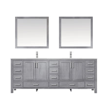 Load image into Gallery viewer, Lexora Jacques LJ342284DDDS000 84&quot; Double Bathroom Vanity in Distressed Grey with White Carrara Marble, White Rectangle Sinks, with Mirror sand Faucets