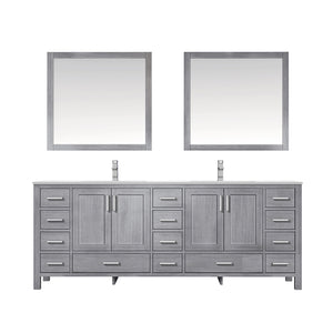 Lexora Jacques LJ342284DDDS000 84" Double Bathroom Vanity in Distressed Grey with White Carrara Marble, White Rectangle Sinks, with Mirror sand Faucets