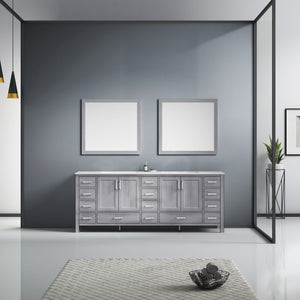 Lexora Jacques LJ342284DDDS000 84" Double Bathroom Vanity in Distressed Grey with White Carrara Marble, White Rectangle Sinks, Rendered with Mirrors