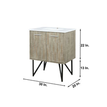 Load image into Gallery viewer, Lexora Lancy LLC30SKSOS000 30&quot; Single Bathroom Vanity in Rustic Acacia with White Quartz, White Rectangle Sink, Dimensions