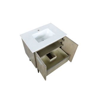Lexora Lancy LLC30SKSOS000 30" Single Bathroom Vanity in Rustic Acacia with White Quartz, White Rectangle Sink, Open Doors and Drawers