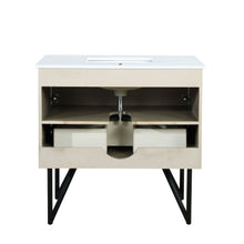 Load image into Gallery viewer, Lexora Lancy LLC36SKSOS000 36&quot; Single Bathroom Vanity in Rustic Acacia with White Quartz, White Rectangle Sink, Back View