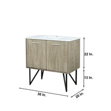 Load image into Gallery viewer, Lexora Lancy LLC36SKSOS000 36&quot; Single Bathroom Vanity in Rustic Acacia with White Quartz, White Rectangle Sink, Dimensions