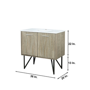 Lexora Lancy LLC36SKSOS000 36" Single Bathroom Vanity in Rustic Acacia with White Quartz, White Rectangle Sink, Dimensions