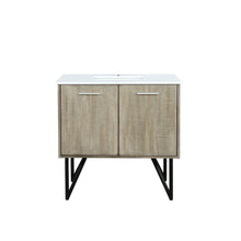 Load image into Gallery viewer, Lexora Lancy LLC36SKSOS000 36&quot; Single Bathroom Vanity in Rustic Acacia with White Quartz, White Rectangle Sink, Front View