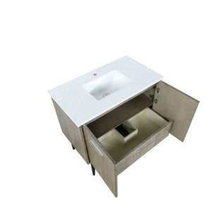 Lexora Lancy LLC36SKSOS000 36" Single Bathroom Vanity in Rustic Acacia with White Quartz, White Rectangle Sink, Open Doors and Drawer