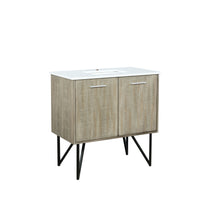 Load image into Gallery viewer, Lexora Lancy LLC36SKSOS000 36&quot; Single Bathroom Vanity in Rustic Acacia with White Quartz, White Rectangle Sink, Angled View