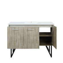 Load image into Gallery viewer, Lexora Lancy LLC48SKSOS000 48&quot; Single Bathroom Vanity in Rustic Acacia with White Quartz, White Rectangle Sink, Open Door and Drawers Front View
