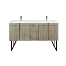 Load image into Gallery viewer, Lexora Lancy LLC60DKSOS000 60&quot; Double Bathroom Vanity in Rustic Acacia with White Quartz, White Rectangle Sink, with Faucets