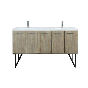 Lexora Lancy LLC60DKSOS000 60" Double Bathroom Vanity in Rustic Acacia with White Quartz, White Rectangle Sink, with Faucets