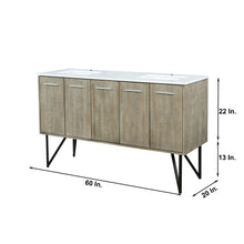 Load image into Gallery viewer, Lexora Lancy LLC60DKSOS000 60&quot; Double Bathroom Vanity in Rustic Acacia with White Quartz, White Rectangle Sink Dimensions