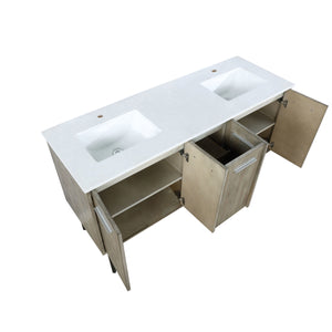 Lexora Lancy LLC60DKSOS000 60" Double Bathroom Vanity in Rustic Acacia with White Quartz, White Rectangle Sink, Open Doors and Drawers