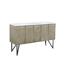 Load image into Gallery viewer, Lexora Lancy LLC60DKSOS000 60&quot; Double Bathroom Vanity in Rustic Acacia with White Quartz, White Rectangle Sink, Angled View