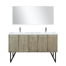 Load image into Gallery viewer, Lexora Lancy LLC60DKSOS000 60&quot; Double Bathroom Vanity in Rustic Acacia with White Quartz, White Rectangle Sink, with Mirror and Faucets