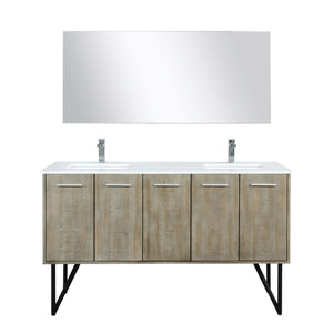 Lexora Lancy LLC60DKSOS000 60" Double Bathroom Vanity in Rustic Acacia with White Quartz, White Rectangle Sink, with Mirror and Faucets