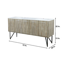Load image into Gallery viewer, Lexora Lancy LLC72DKSOS000 72&quot; Double Bathroom Vanity in Rustic Acacia with White Quartz, White Rectangle Sinks, Dimensions