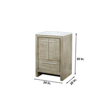 Load image into Gallery viewer, Lexora Lafarre LLF24SKSOS000 24&quot; Single Bathroom Vanity in Rustic Acacia with White Quartz, White Rectangle Sink, Dimensions