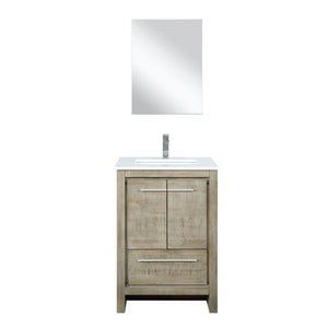 Lexora Lafarre LLF24SKSOS000 24" Single Bathroom Vanity in Rustic Acacia with White Quartz, White Rectangle Sink with Mirror and Faucet